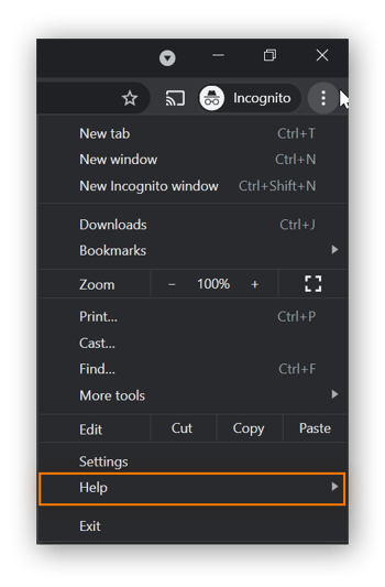  A Google Chrome window with the three dots menu open, with Help circled.